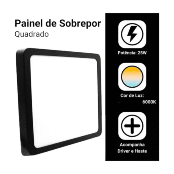 Painel Plafom Sobrepor Led 25w 30x30 Slim 6000k Capa Preta - Image 2