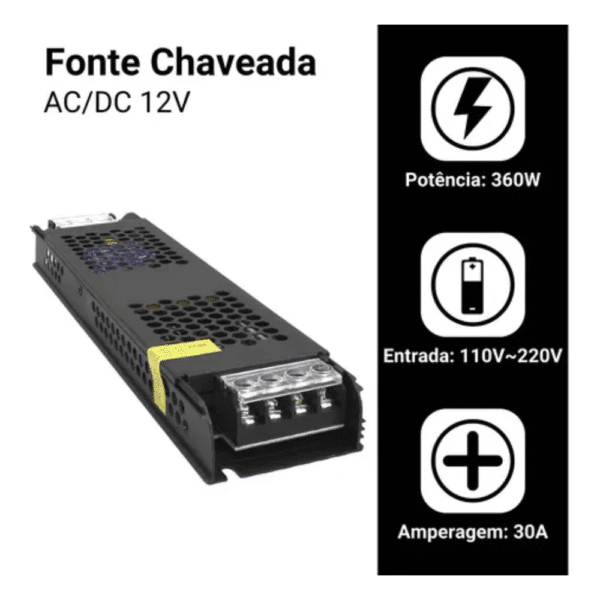 Fonte Chaveada Slim 12v 30A 360W Capa Preta - Led, Som e Cftv - Image 3