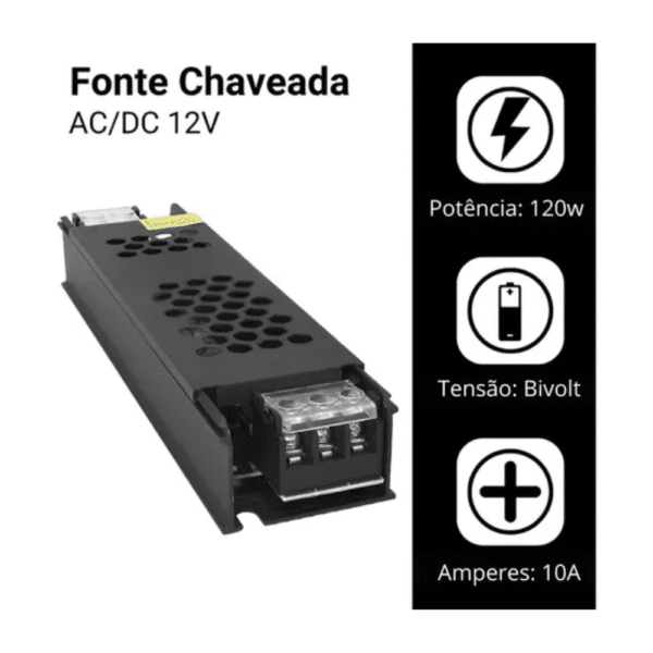 Fonte Chaveada Slim 12v 10A 120W Capa Preta - Led, Som e Cftv - Image 2
