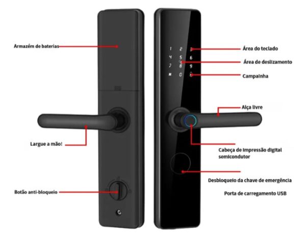 Fechadura Eletrônica Biométrica Digital — Wi-Fi, Tuya, Senha, Cartão e Chave (Preto) - Imagem 4