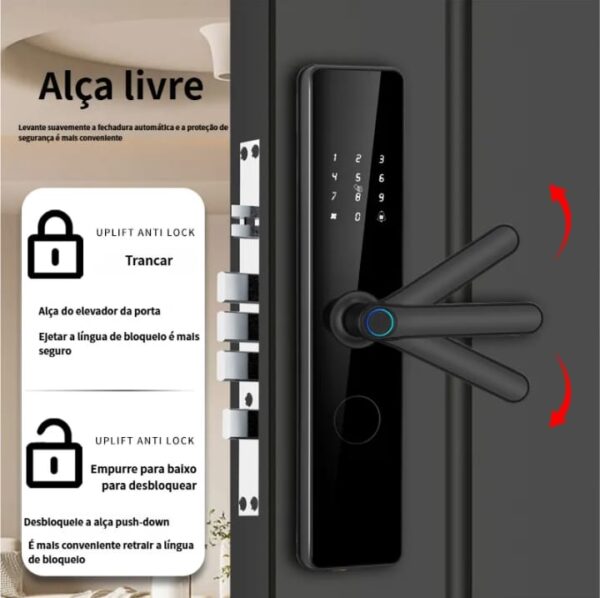 Fechadura Eletrônica Biométrica Digital — Wi-Fi, Tuya, Senha, Cartão e Chave (Preto) - Imagem 3