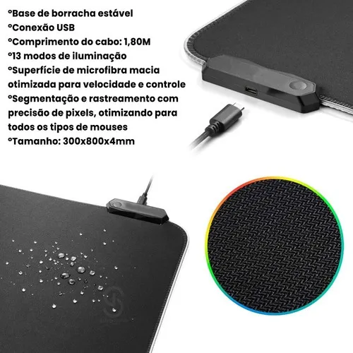 Mouse Pad Gamer B-Max BM-791 Preto LED RGB 80cm XG Antiderrapante - Imagem 2