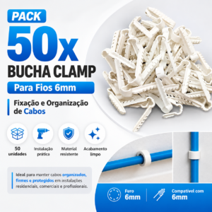 Pacote com 50 Buchas Clamp X6 6mm Fixador de Cabos Rede UTP Alarme Interfone Coaxial