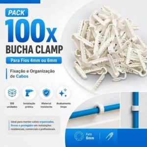 Kit pacote 100 Buchas Clamp X6 6mm Fixador de Cabos Rede UTP Alarme Interfone Coaxial