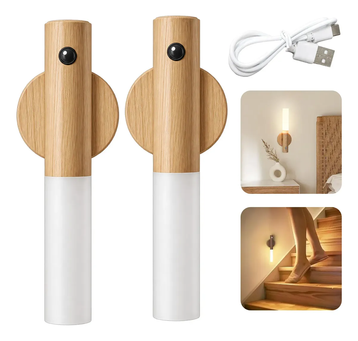 Kit 2 Arandelas LED Bastão Recarregáveis com Sensor de Presença 4000K Madeira Clara Magnética USB - Imagem 3