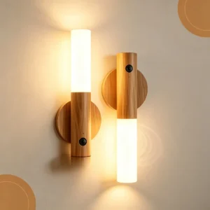 Kit 2 Arandelas LED Bastão Recarregáveis com Sensor de Presença 4000K Madeira Clara Magnética USB