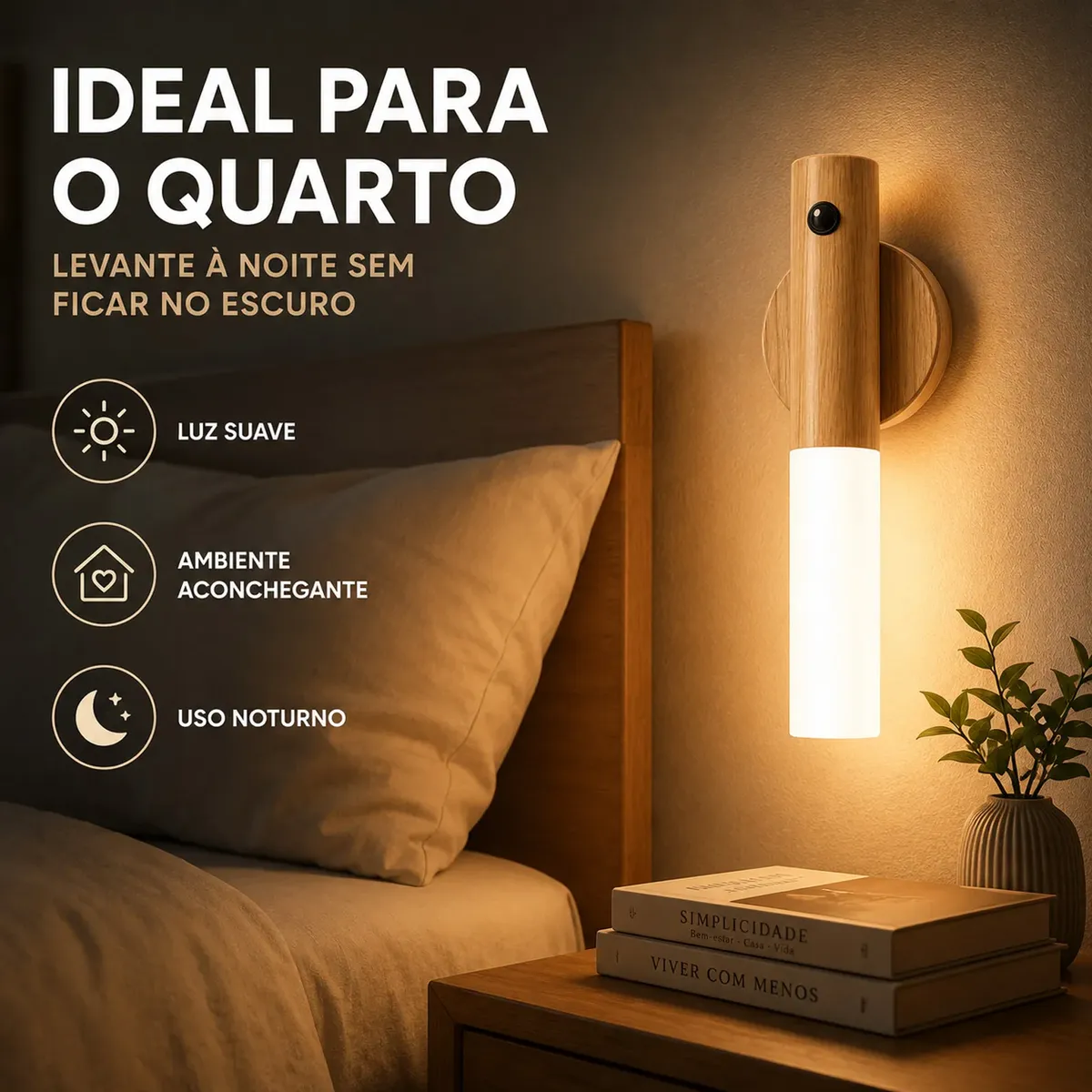 Kit 2 Arandelas LED Bastão Recarregáveis com Sensor de Presença 4000K Madeira Clara Magnética USB - Imagem 2
