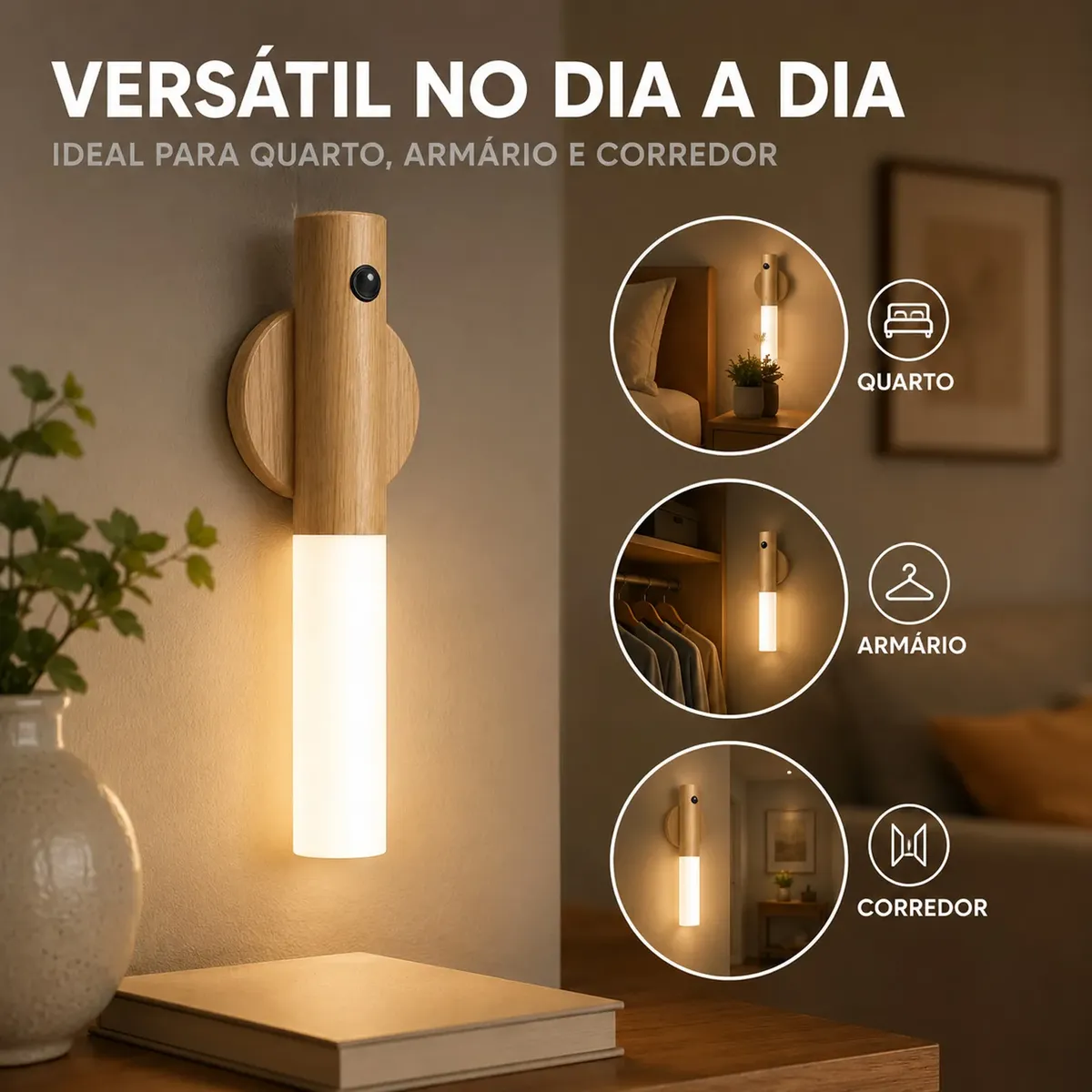 Kit 2 Arandelas LED Bastão Recarregáveis com Sensor de Presença 4000K Madeira Clara Magnética USB - Imagem 4